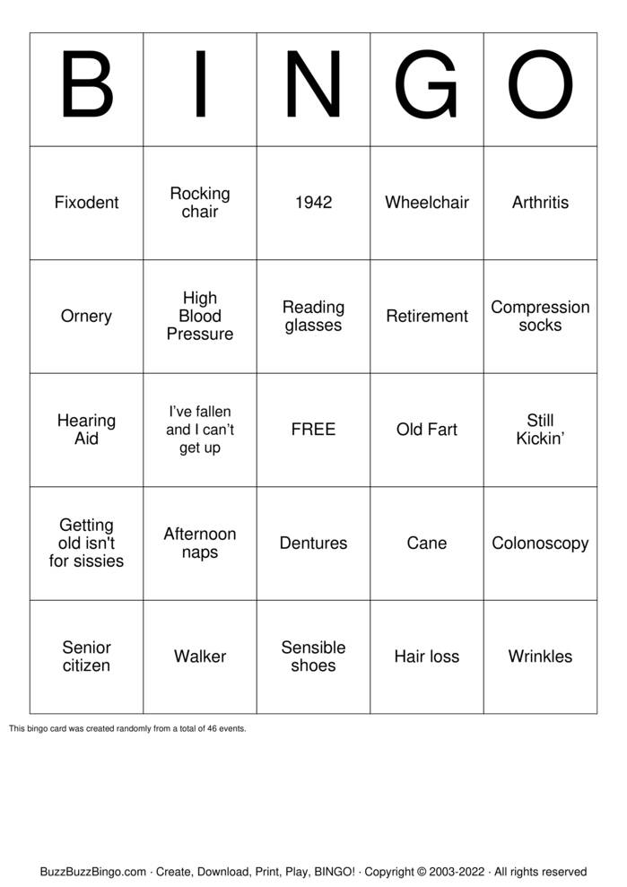 OVER THE HILL Bingo Cards to Download, Print and Customize!