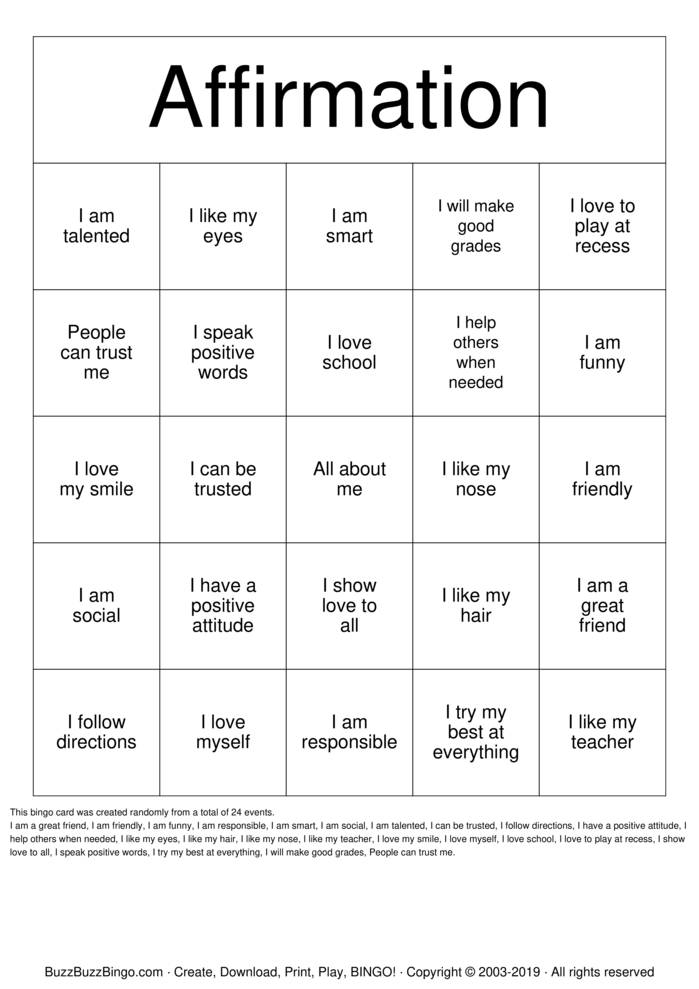 Self Esteem Bingo Cards to Download, Print and Customize!