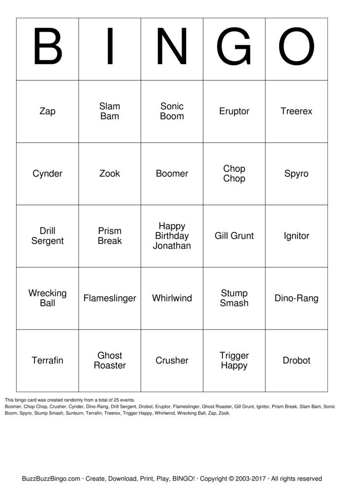 Download Free Skylanders Bingo Bingo Cards