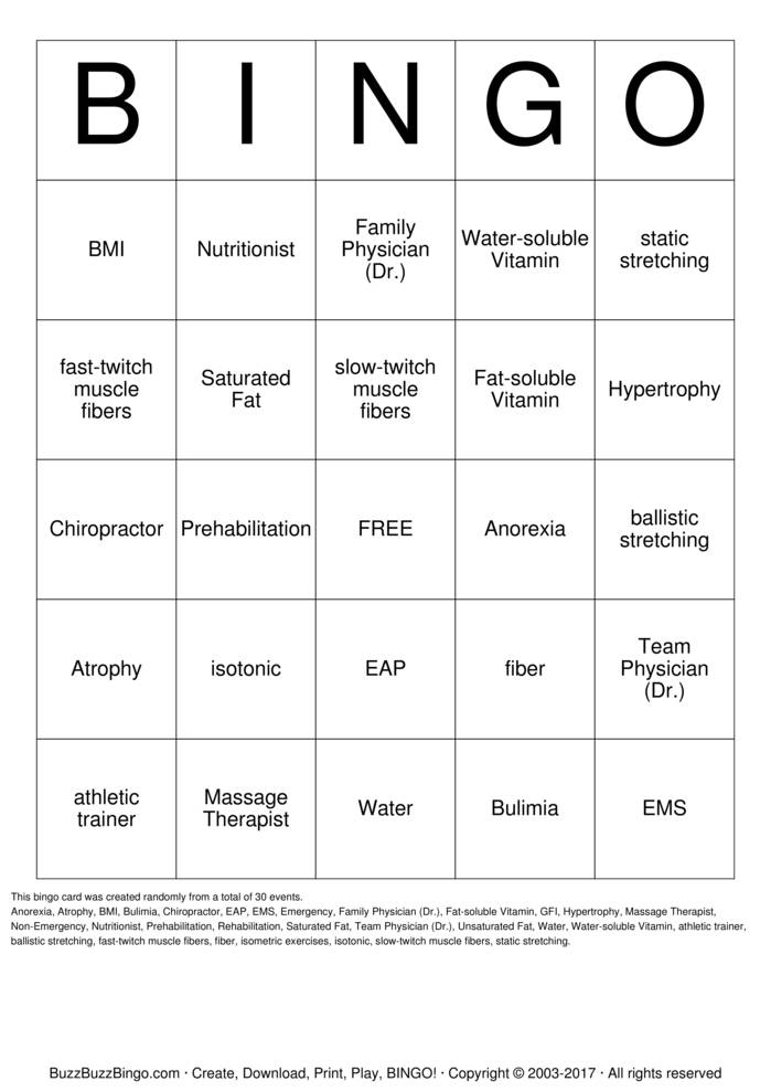 Download Free Sports Med I Bingo Cards