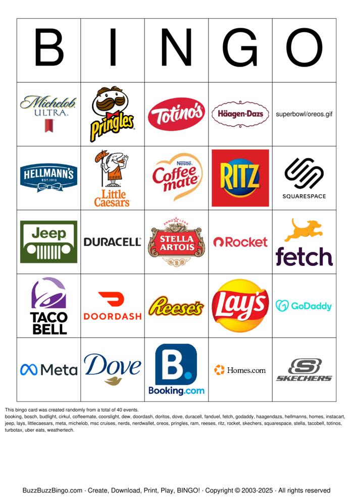 Download Free Superbowl Commercials Images Bingo Cards Download Free Superbowl Commercials Images Bingo Cards
