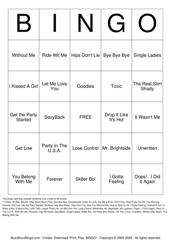Download Free 2000s Music Titles Bingo Cards