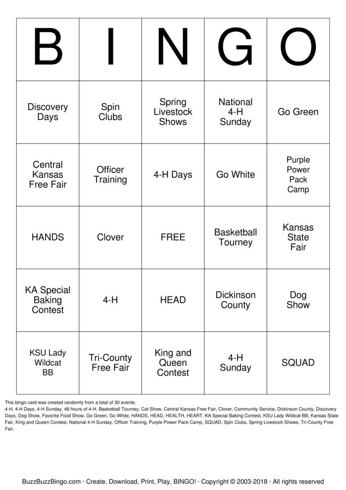 Download Free 4H Bingo Bingo Cards