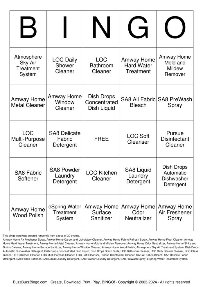 Download Free Amway Home Products Bingo Cards