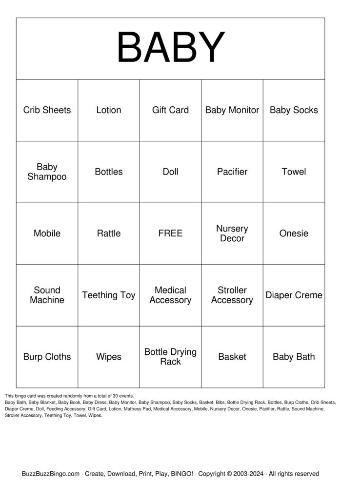 Download Free BABY SHOWER Bingo Cards Download Free BABY SHOWER Bingo Cards