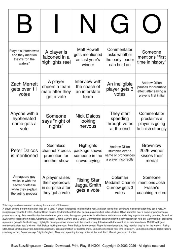 Download Free Brownlow Bingo Cards