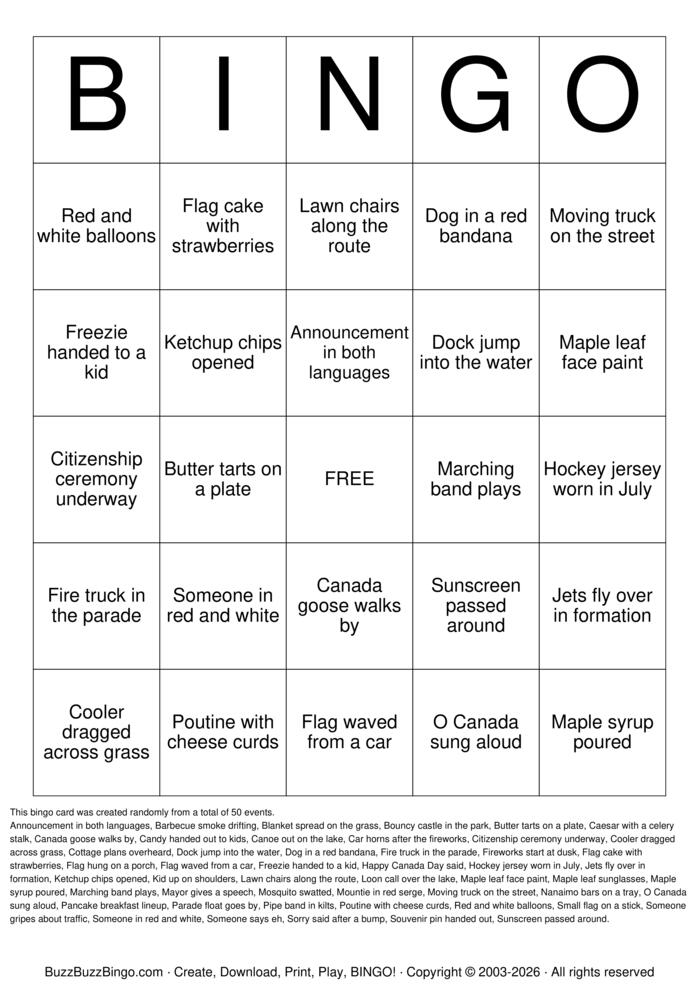 Download Free Canada Day Bingo Cards Download Free Canada Day Bingo Cards