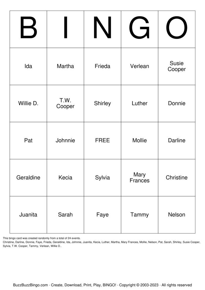 Download Free Cooper Family Reunion Bingo Cards