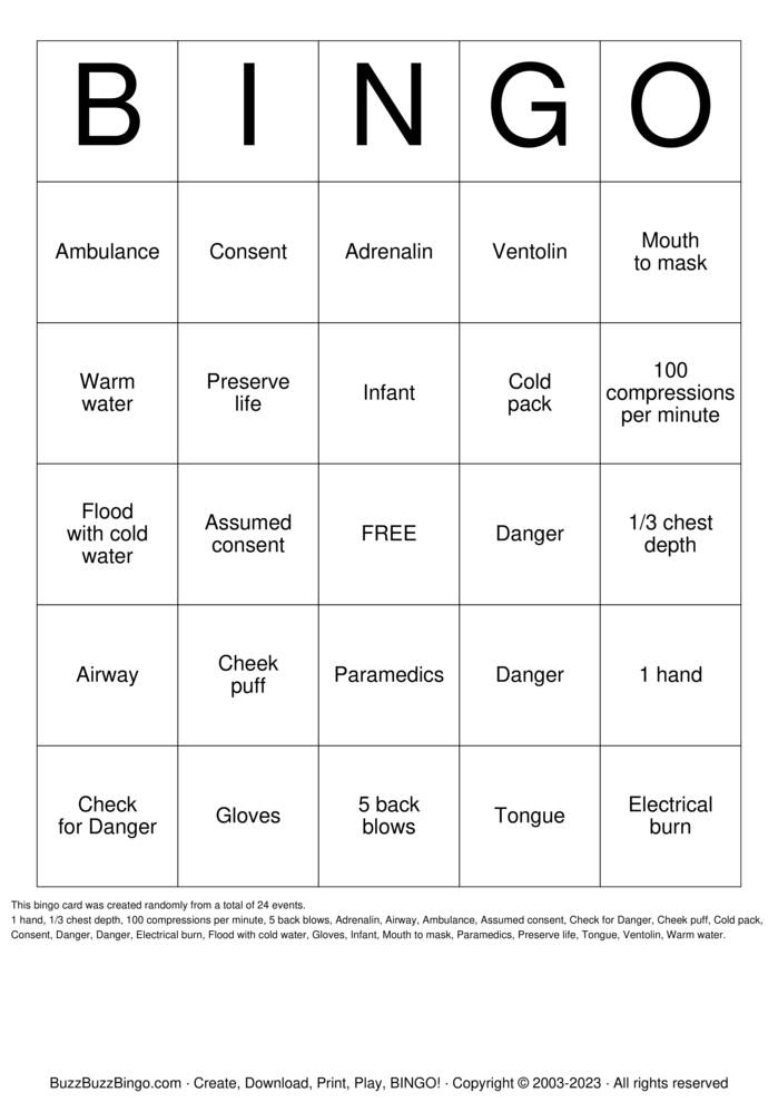 Download Free First Aid Bingo Bingo Cards