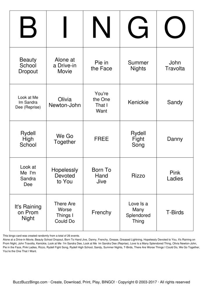 Download Free Grease Bingo Cards Download Free Grease Bingo Cards