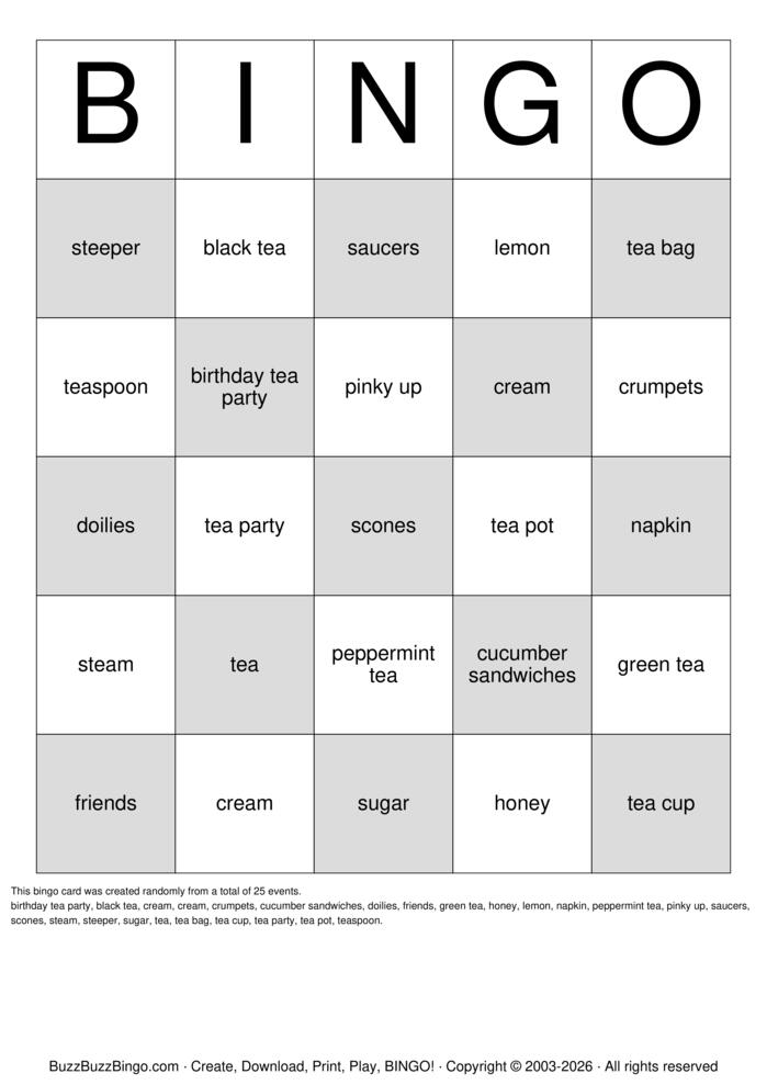 Download Free HIGH TEA Bingo Cards Download Free HIGH TEA Bingo Cards