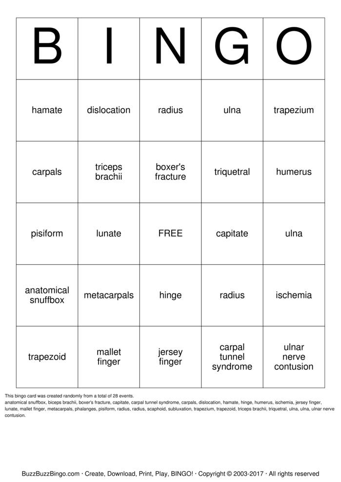 Download Free Hand/Wrist/Elbow Bingo Cards Download Free Hand/Wrist/Elbow Bingo Cards