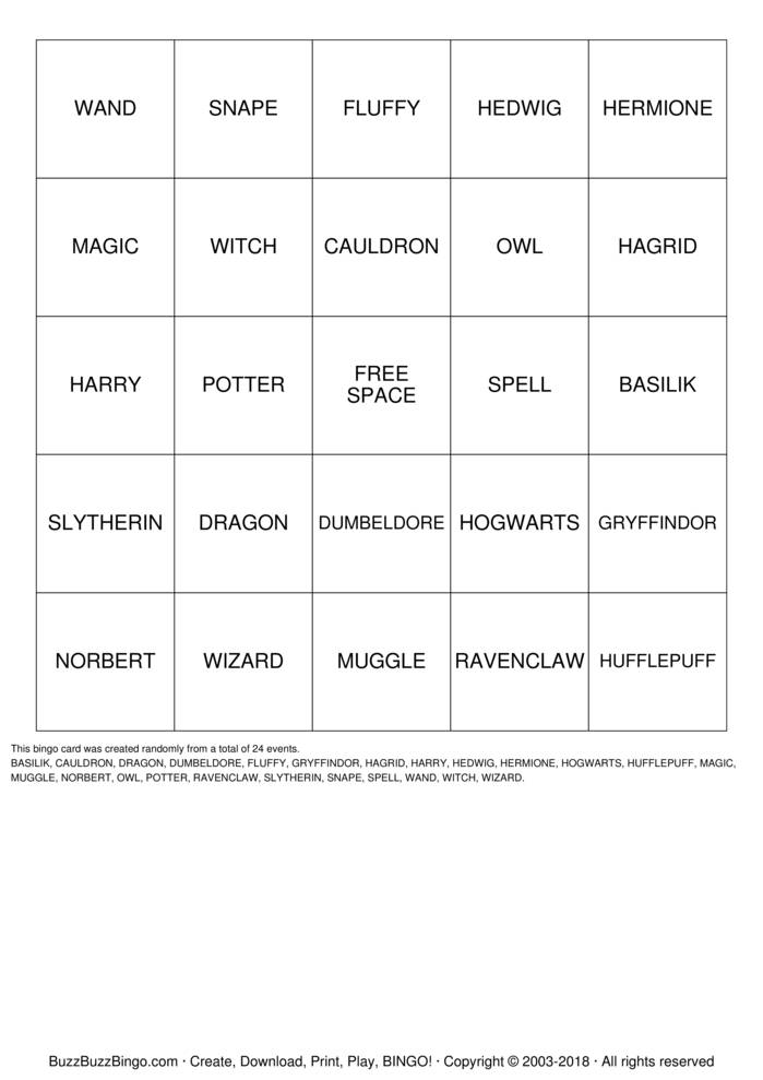 Harry Potter Bingo Bingo Cards to Download, Print and Customize!