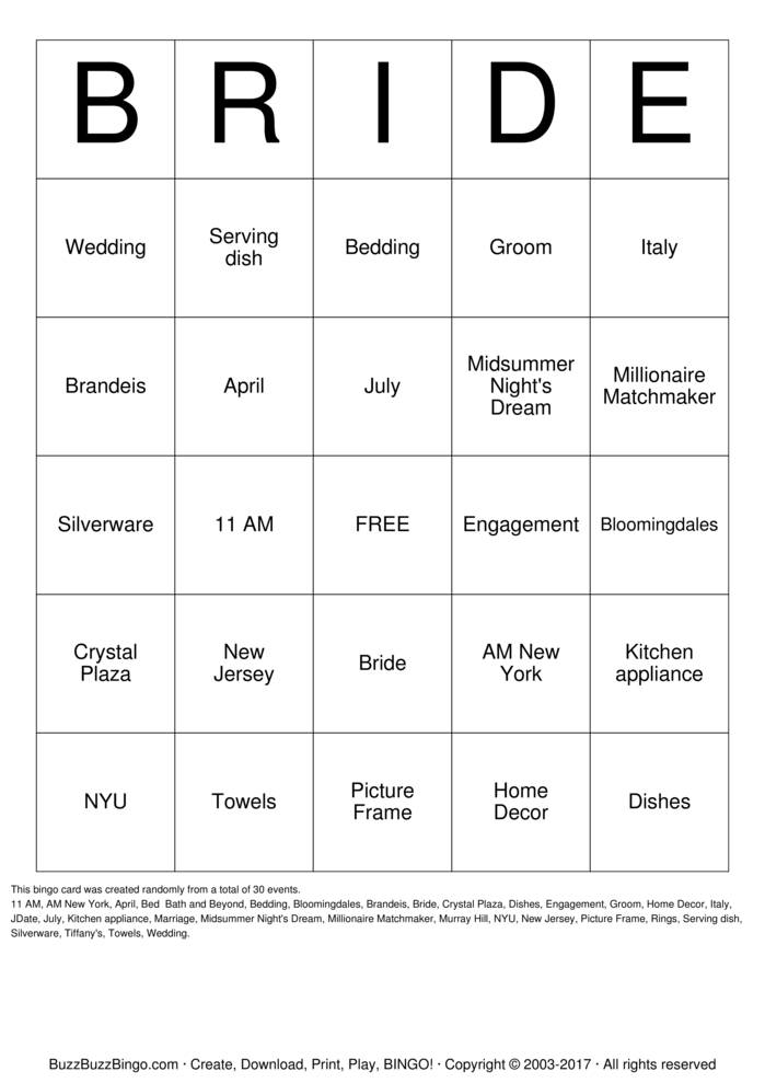 Download Free Heather's Bridal Shower Bingo Cards Download Free Heather's Bridal Shower Bingo Cards