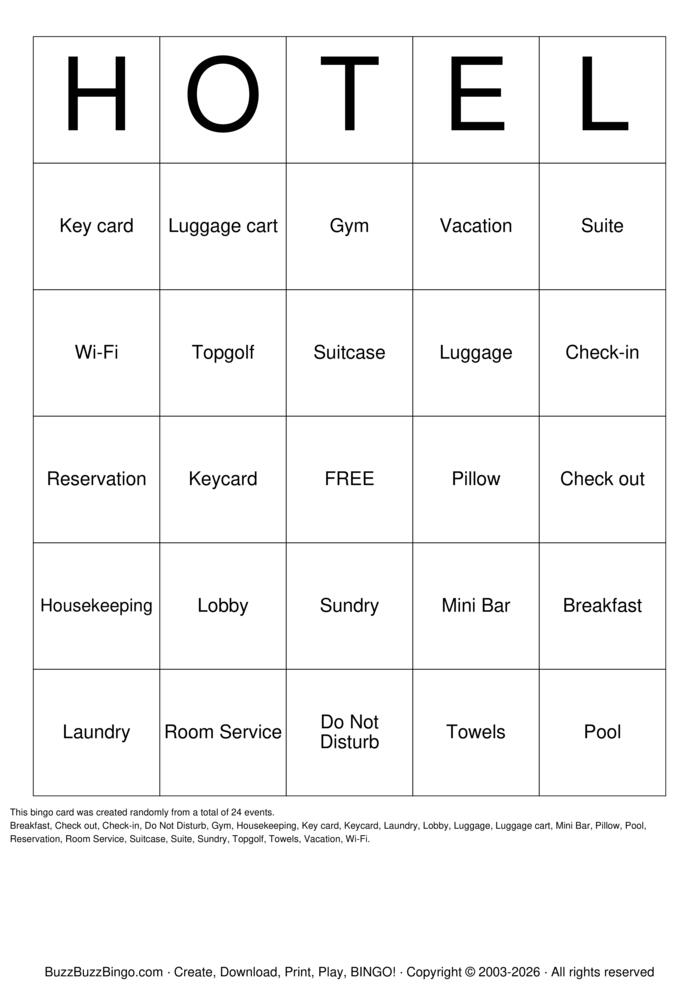Download Free Hotel Bingo Cards Download Free Hotel Bingo Cards