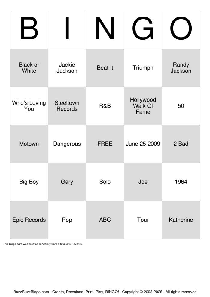 Download Free Jackson 5 Bingo Cards Download Free Jackson 5 Bingo Cards