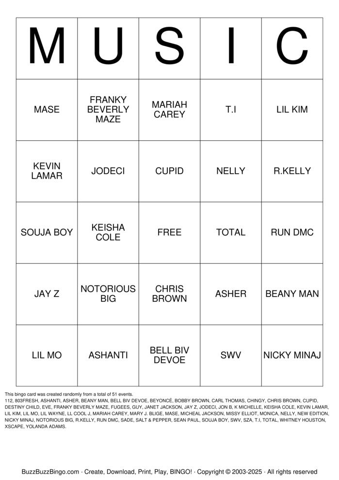 Download Free KRABHUT MUSIC BINGO Bingo Cards