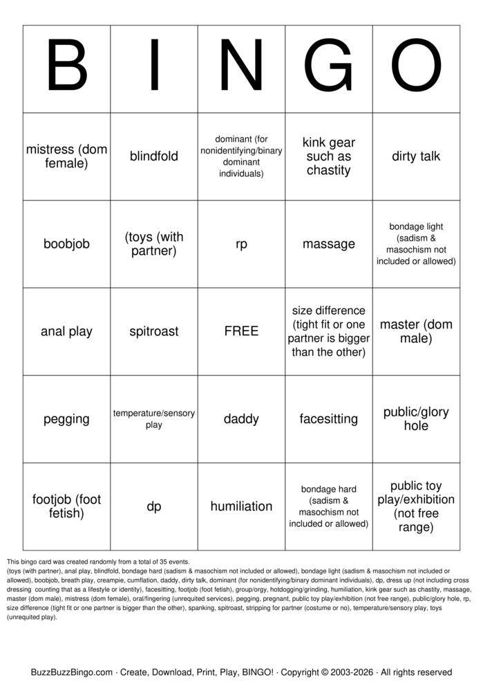 Download Free Kinky bingo  Bingo Cards