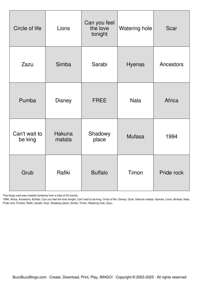 Lion king bingo Bingo Cards to Download, Print and Customize!