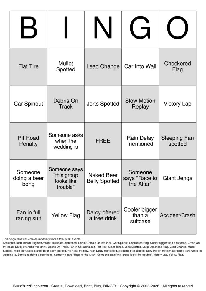 Download Free NASCAR Bingo Cards