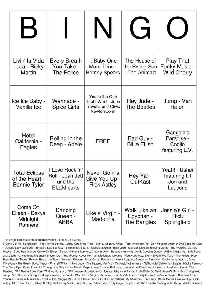 Download Free Number One Hits Bingo Cards