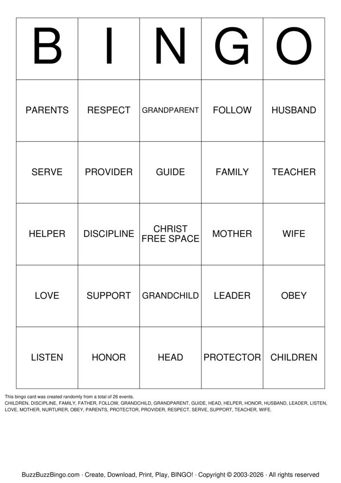 Download Free ORDER OF FAMILY Bingo Cards