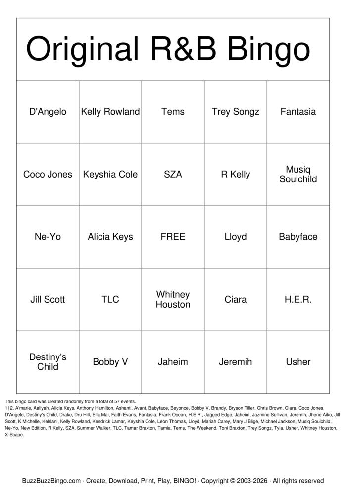 Download Free Original R&B Bingo Bingo Cards Download Free Original R&B Bingo Bingo Cards