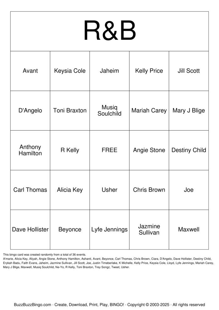 Download Free R&B Bingo Cards