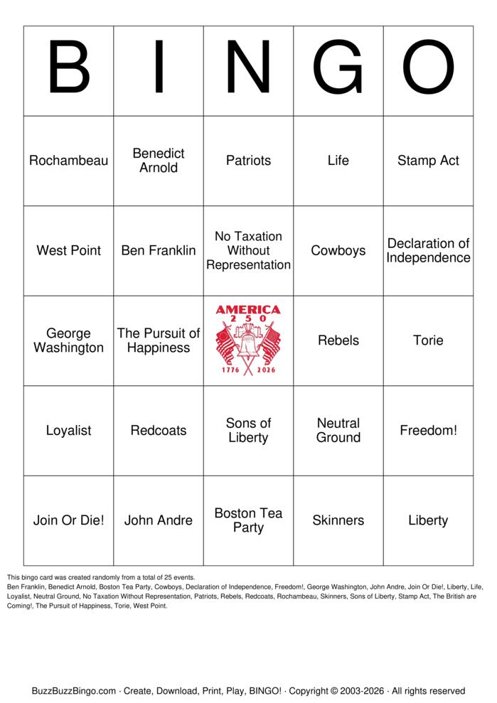 Download Free Revolutionary War 250 Celebration Bingo Cards Download Free Revolutionary War 250 Celebration Bingo Cards