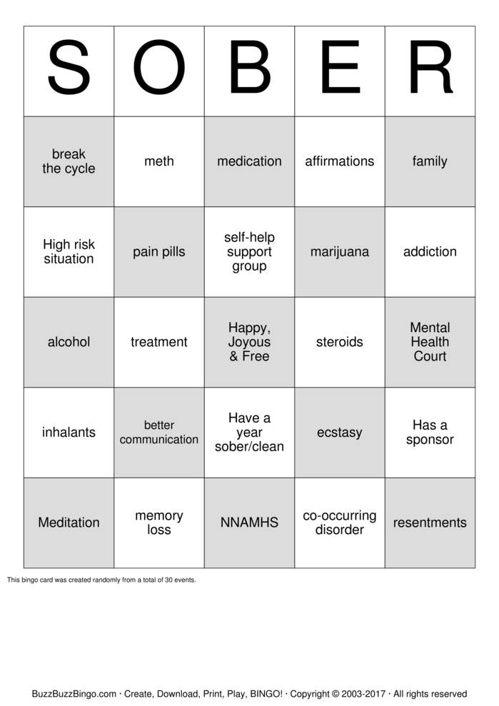Download Free SOBER Bingo Cards