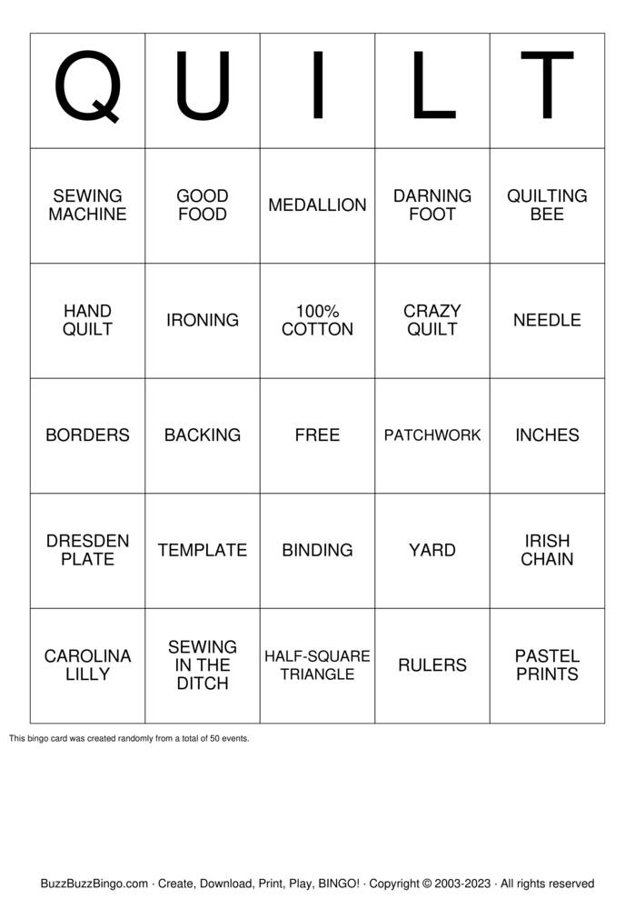 Download Free Studio62 Quilting Bingo @BlueBearInn Bingo Cards