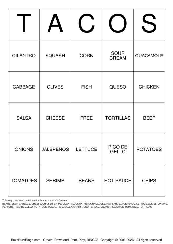 Download Free TACOS Bingo Cards Download Free TACOS Bingo Cards