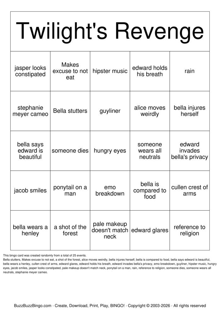Download Free TWILIGHT BINGO Bingo Cards Download Free TWILIGHT BINGO Bingo Cards