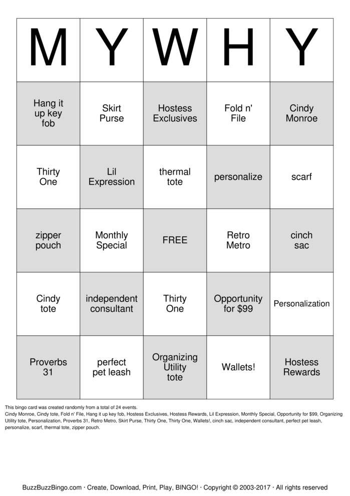 Download Free Thirty One Gifts Bingo Cards