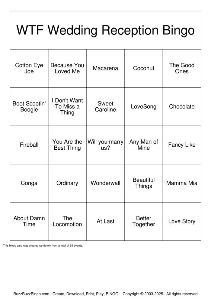 Download Free Wedding Reception Bingo Bingo Cards