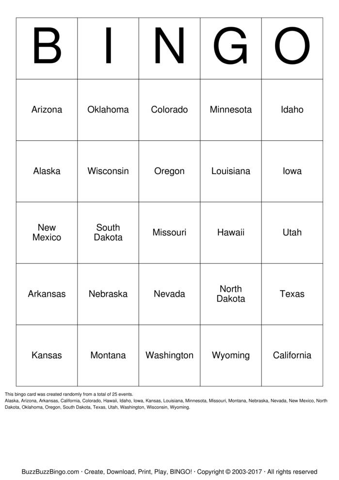 Download Free Western United States Bingo Cards Download Free Western United States Bingo Cards