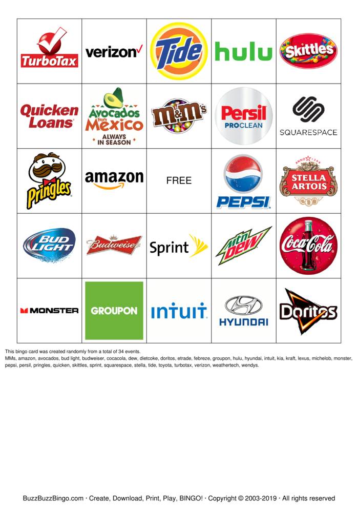 2019 Superbowl Commercial Logos Bingo Cards to Download, Print and ...