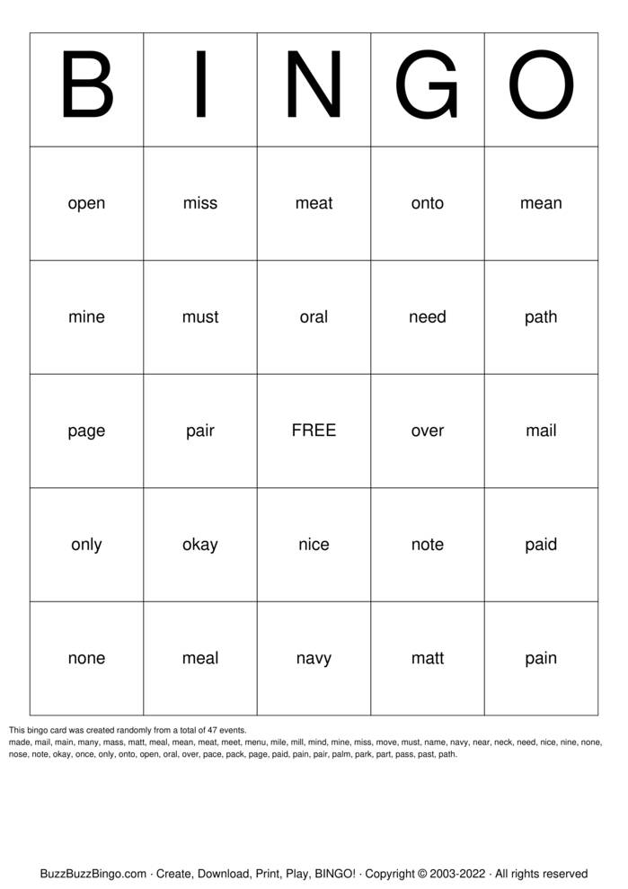 Download Free 4 Letter Words M-P Bingo Cards