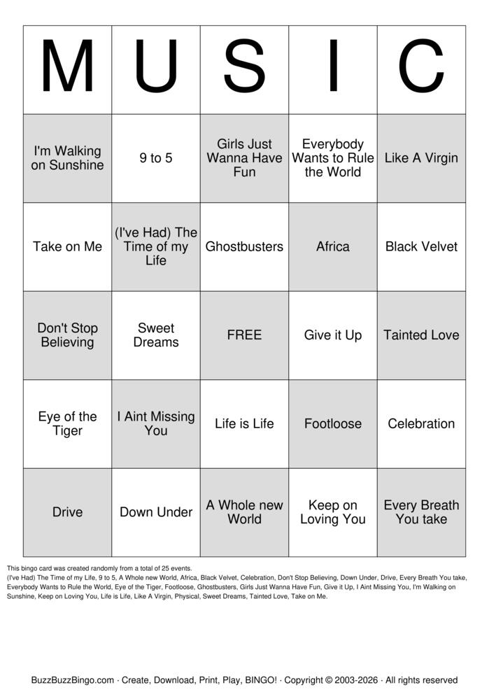 Download Free 80s Music Bingo Cards Download Free 80s Music Bingo Cards
