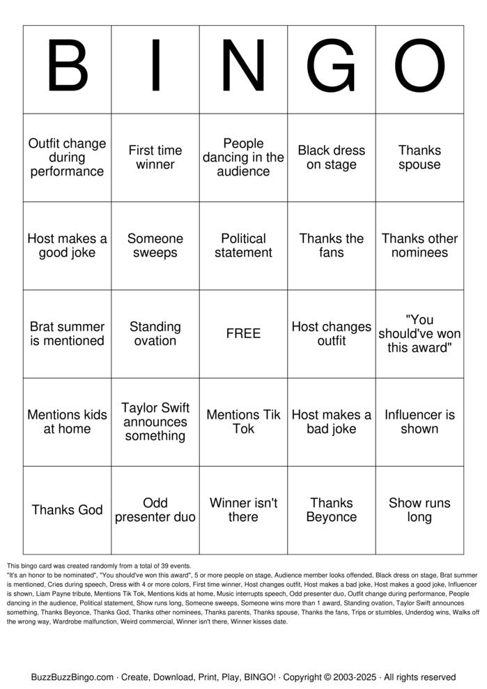 Download Free American Music Awards Bingo Cards