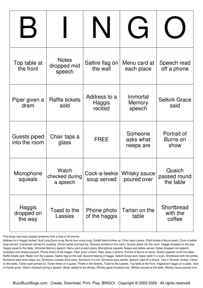 Download Free Burns Night Bingo Cards