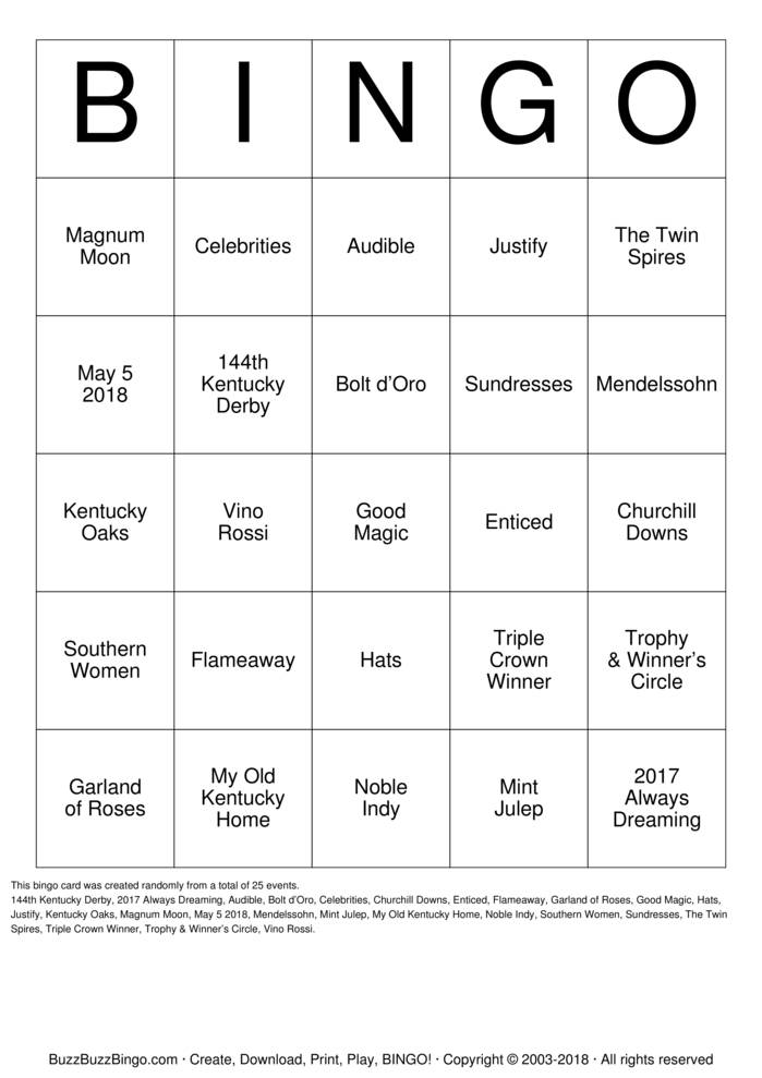 Download Free DERBY Bingo Cards