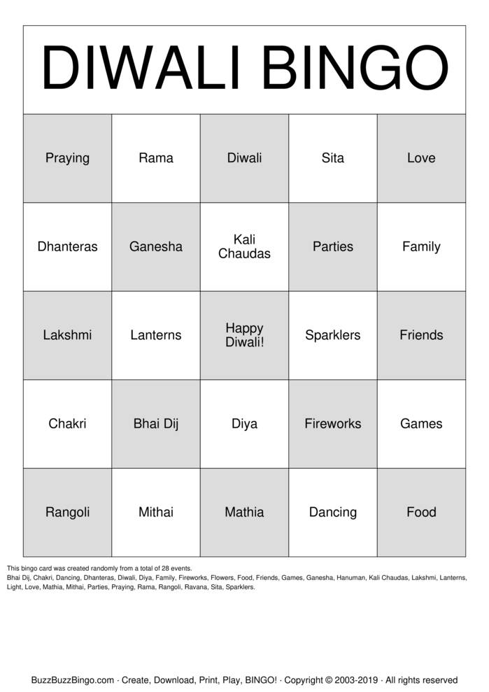 Diwali Bingo Bingo Cards to Download, Print and Customize!