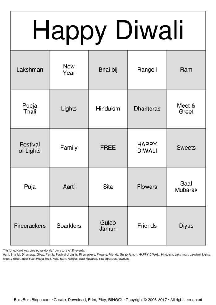 Diwali Party Bingo Cards to Download, Print and Customize!