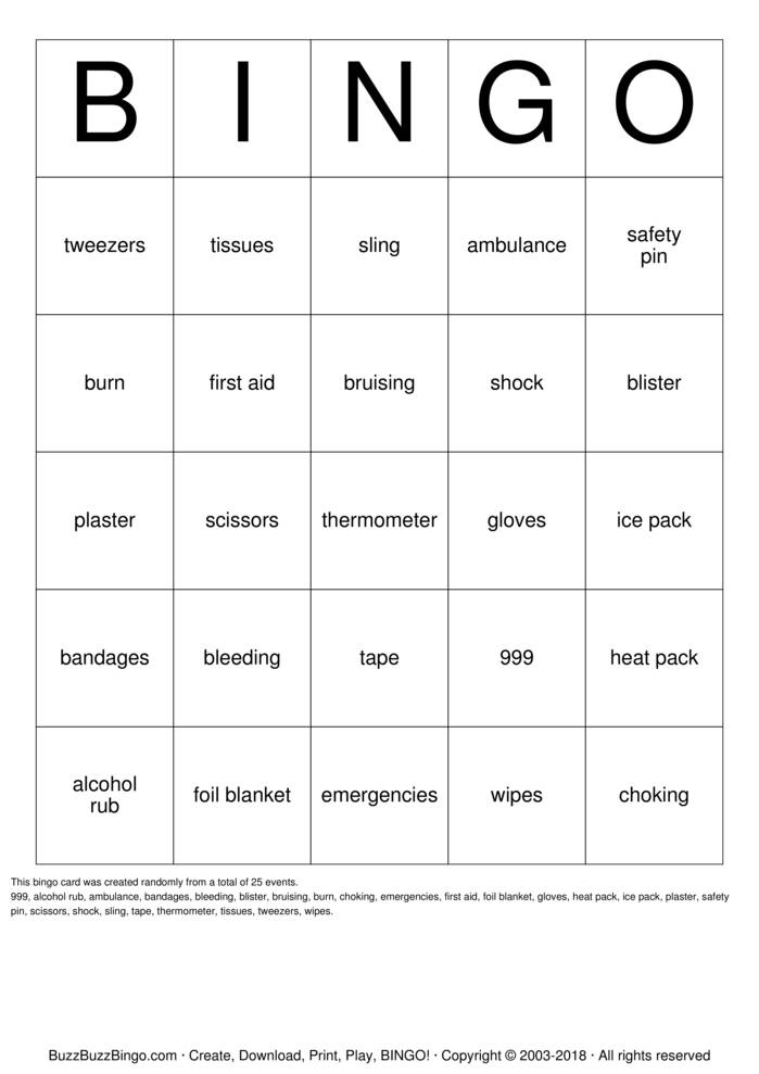 Download Free First Aid Bingo Bingo Cards