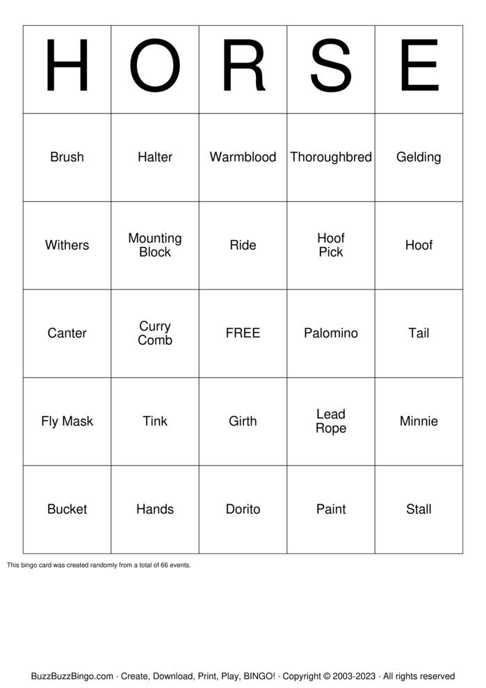 Horse Bingo Cards to Download, Print and Customize!