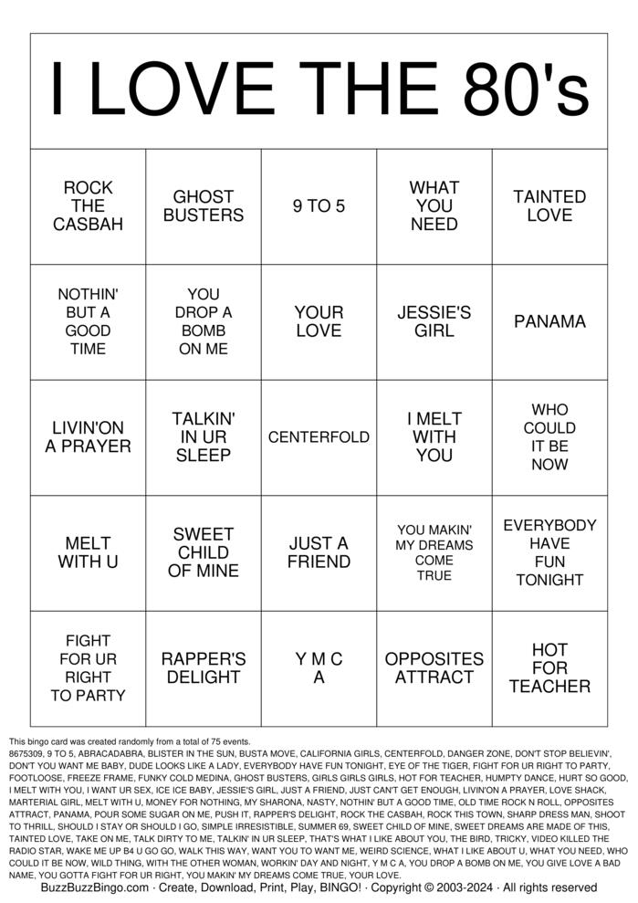 I LOVE THE 80's Bingo Cards to Download, Print and Customize!