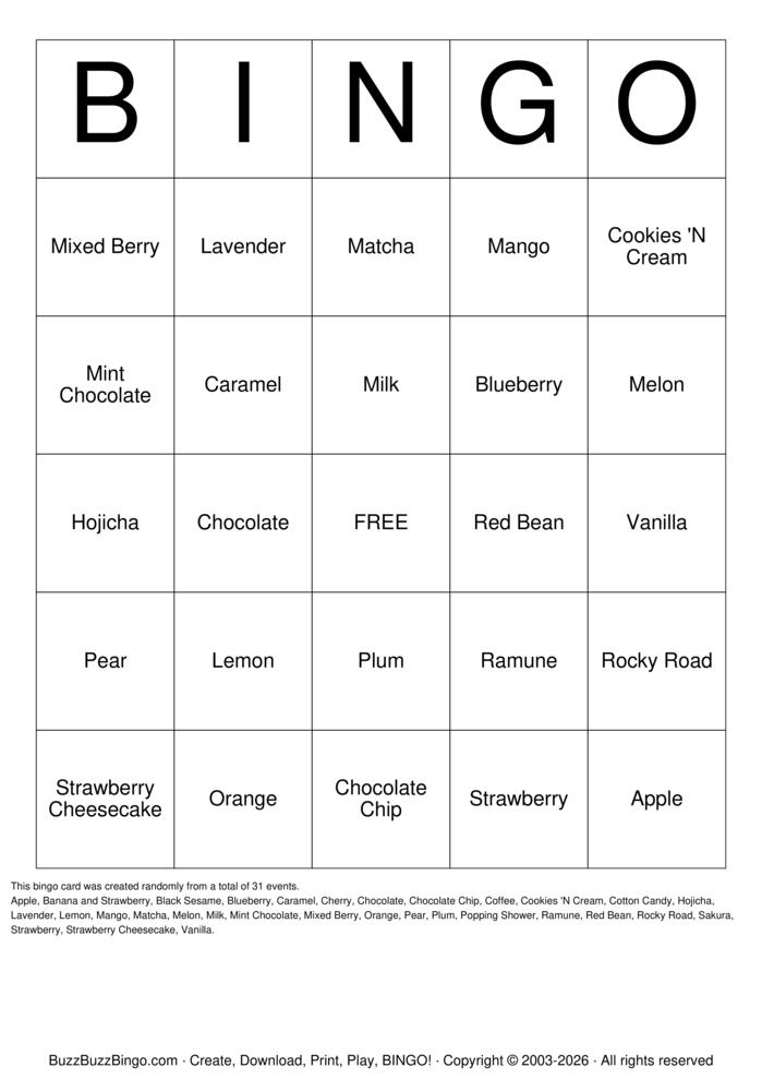 Download Free Ice Cream Flavors Bingo Cards