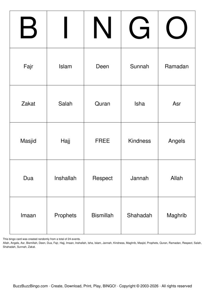 Download Free Islamic Bingo Cards Download Free Islamic Bingo Cards