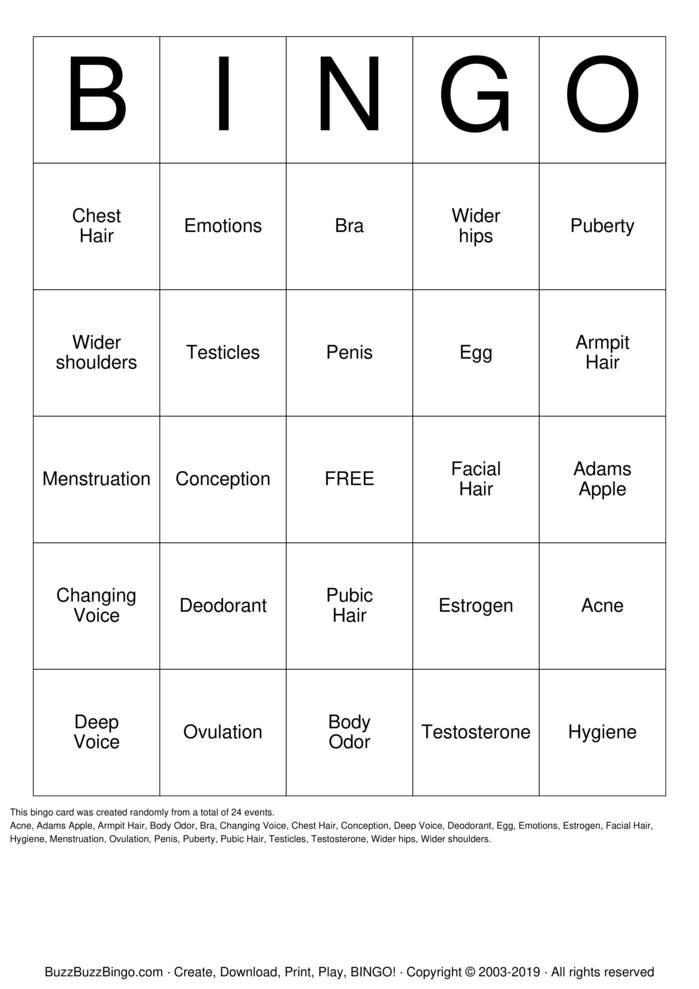 It's Puberty ! Bingo Cards to Download, Print and Customize!